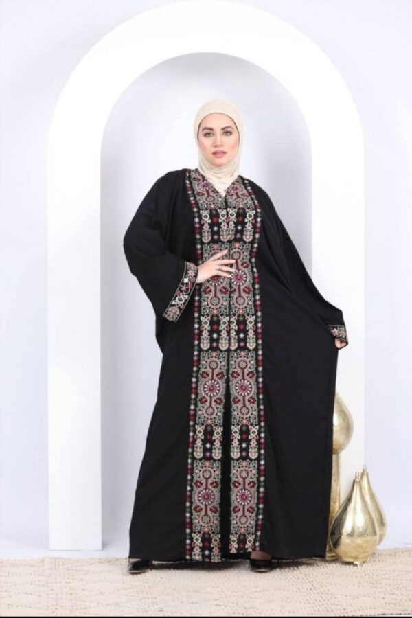 Abaya Aberta com Bordado Tatreez Palestino — Preta Premium