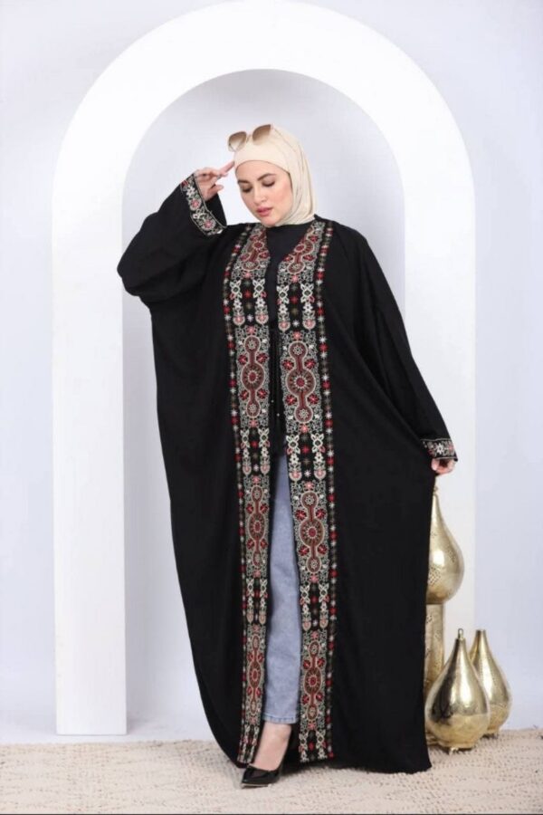 Abaya Aberta com Bordado Tatreez Palestino — Preta Premium