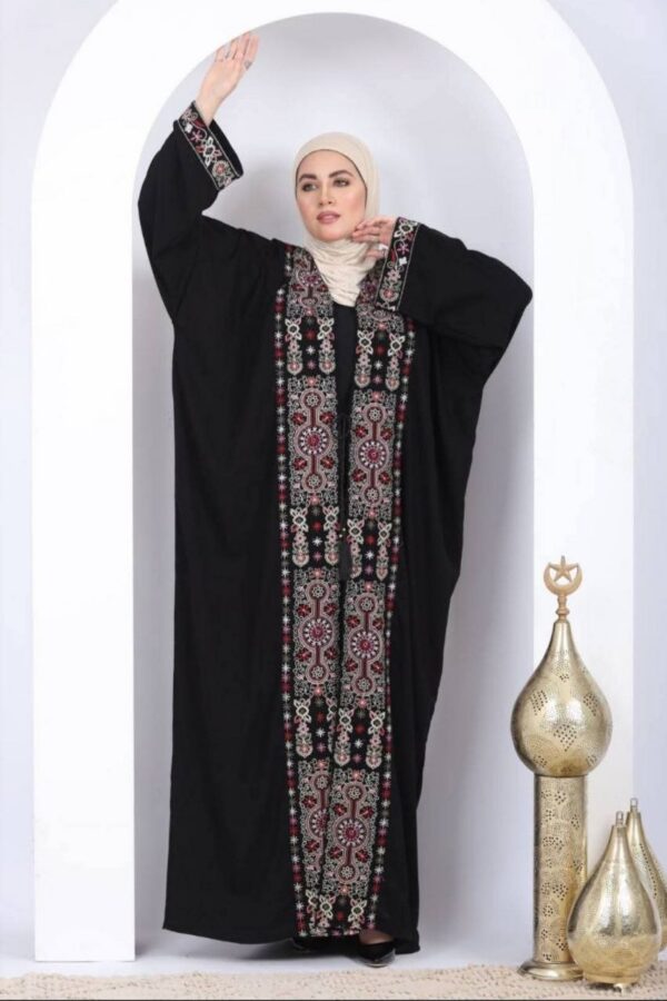 Abaya Aberta com Bordado Tatreez Palestino — Preta Premium