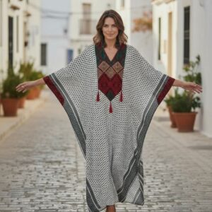 Kaftan / Jalabiya Maxi em Jacquard com Bordado Tribal — Branco e Preto