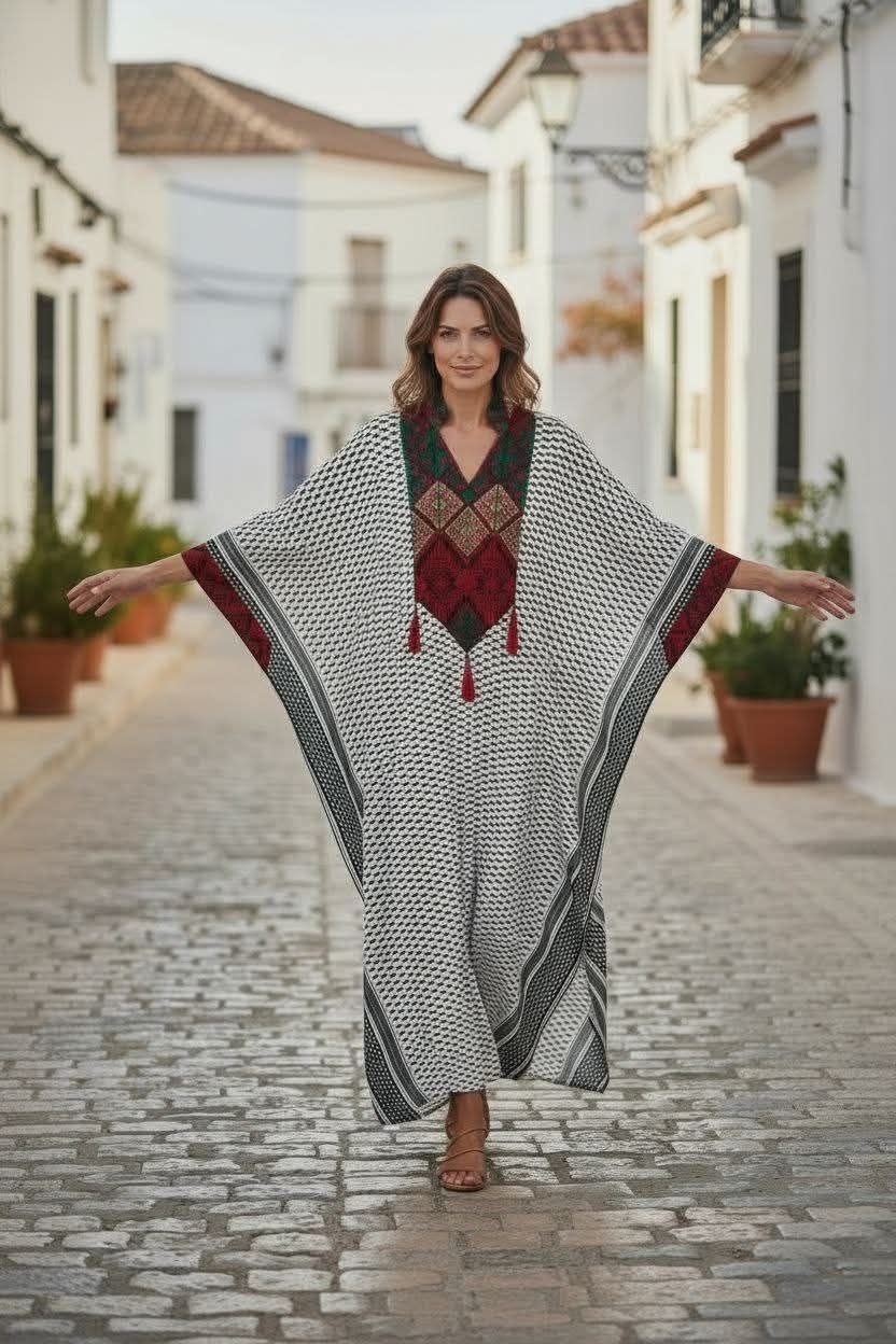 Kaftan / Jalabiya Maxi em Jacquard com Bordado Tribal — Branco e Preto