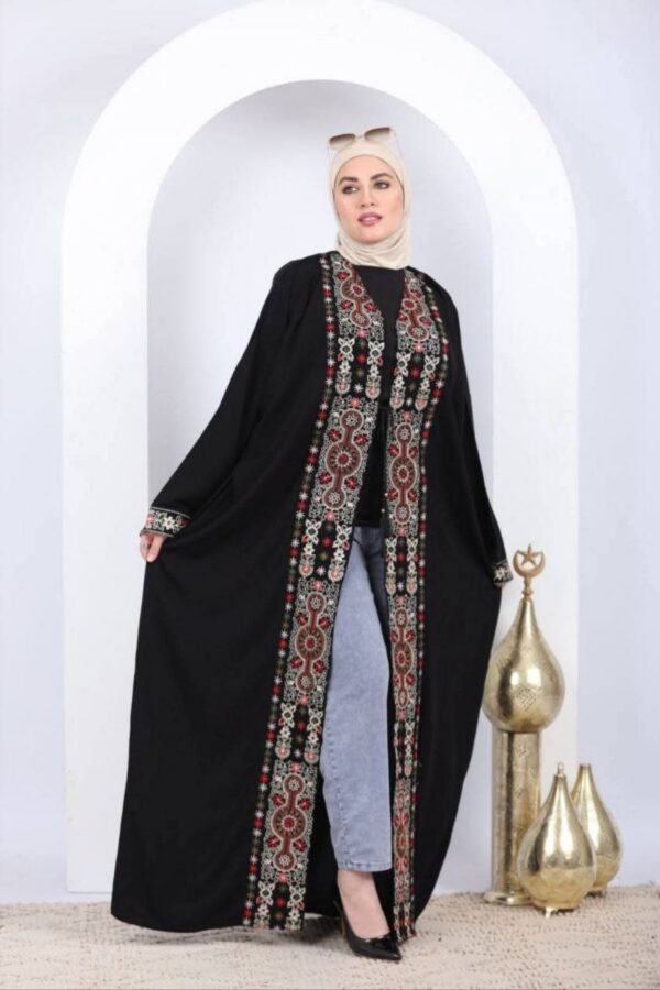 Abaya Aberta com Bordado Tatreez Palestino — Preta Premium