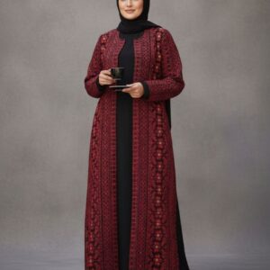 Abaya Aberta Palestina em Jacquard Vermelho — Estilo Tatreez