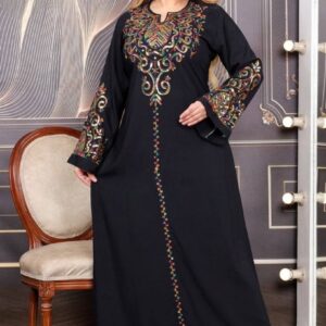 Vestido Abaya em Algodão Egípcio com Bordado Multicolorido e Paetês