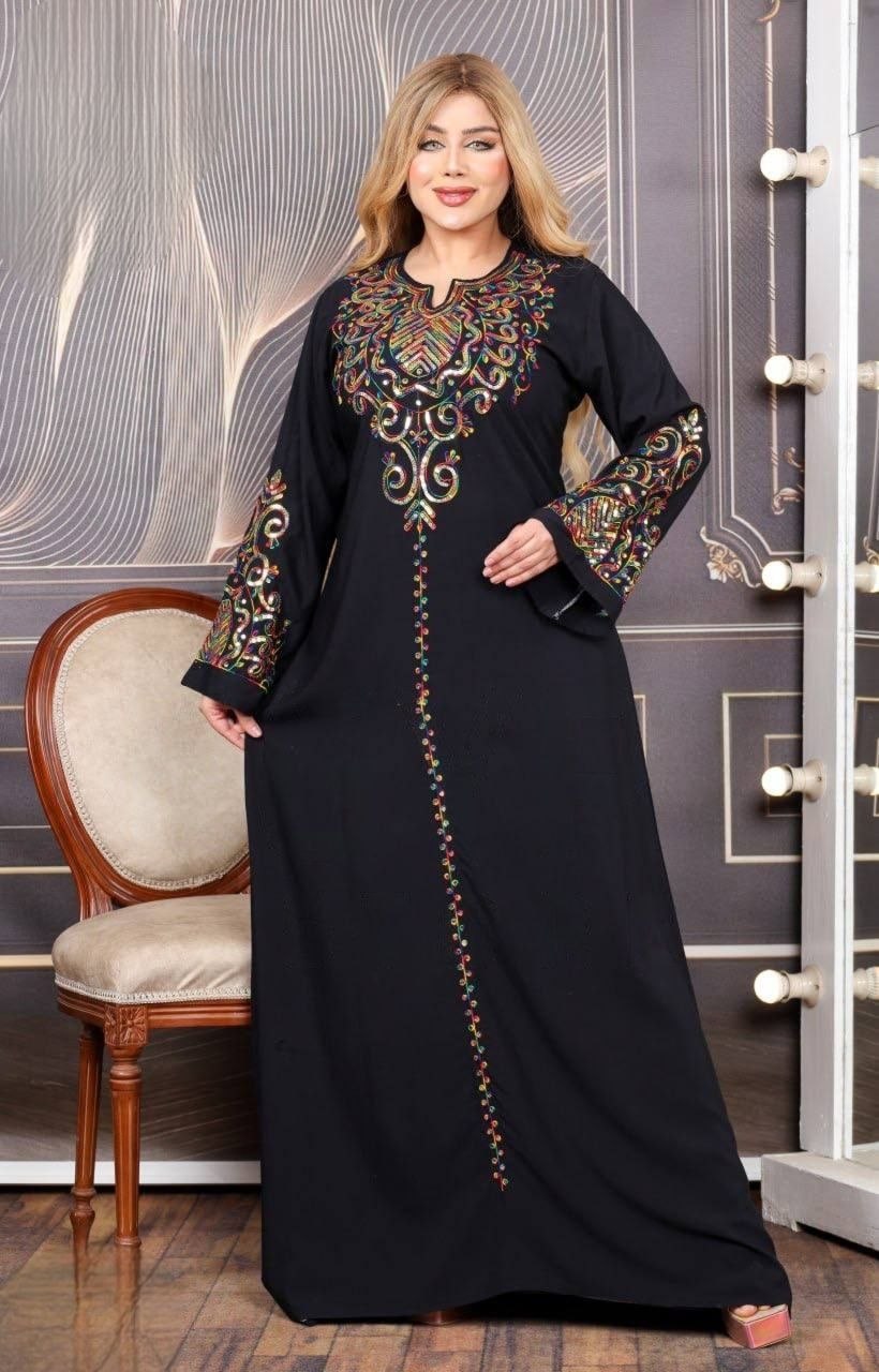 Vestido Abaya em Algodão Egípcio com Bordado Multicolorido e Paetês