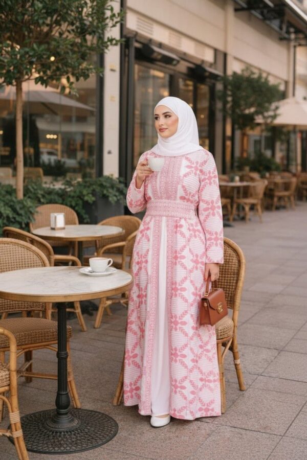 Vestido Abaya em Crepe Saudita com Bordado de Ramificações e Flores