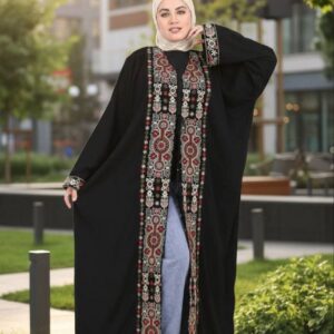 Abaya Aberta com Bordado Tatreez Palestino — Preta Premium