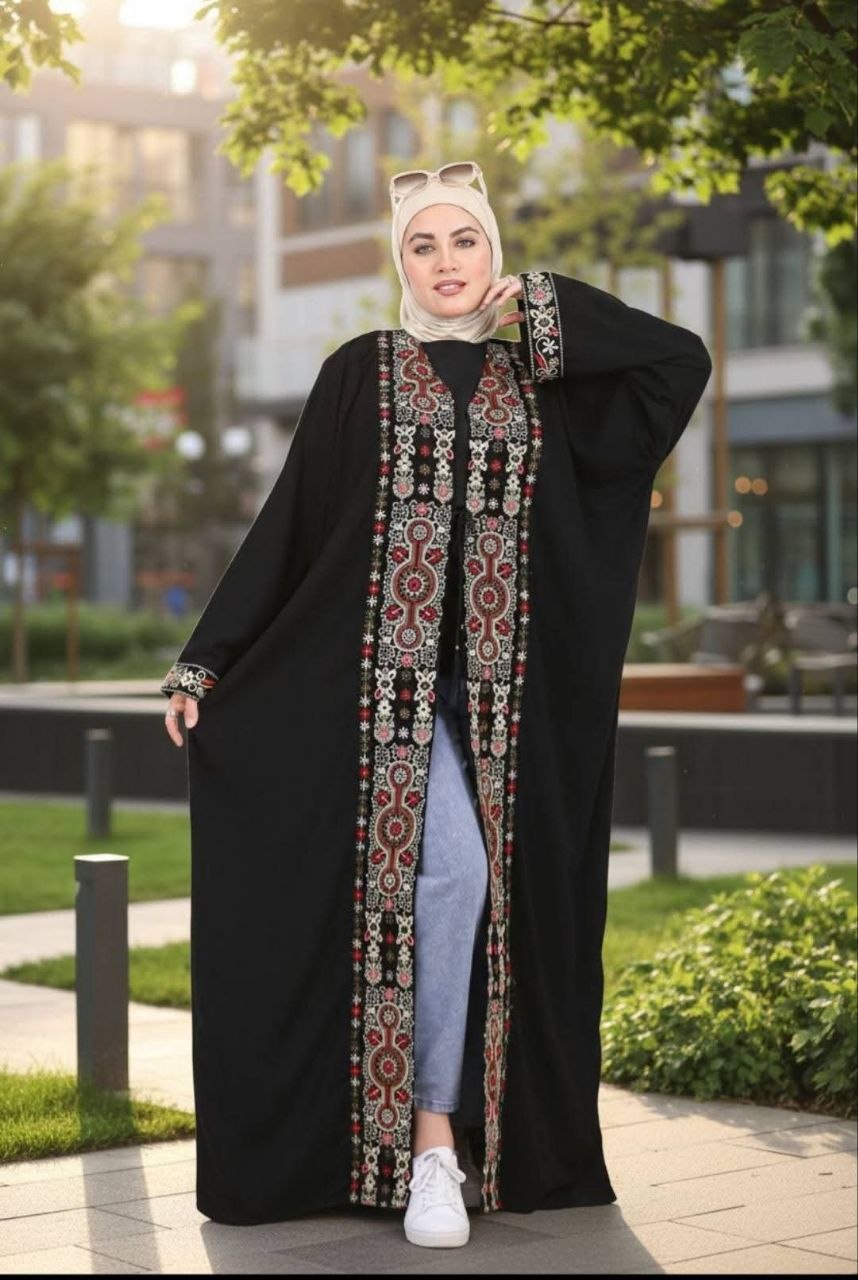 Abaya Aberta com Bordado Tatreez Palestino — Preta Premium