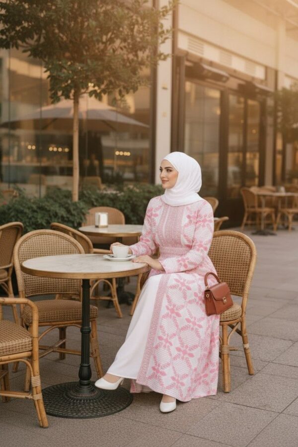 Vestido Abaya em Crepe Saudita com Bordado de Ramificações e Flores
