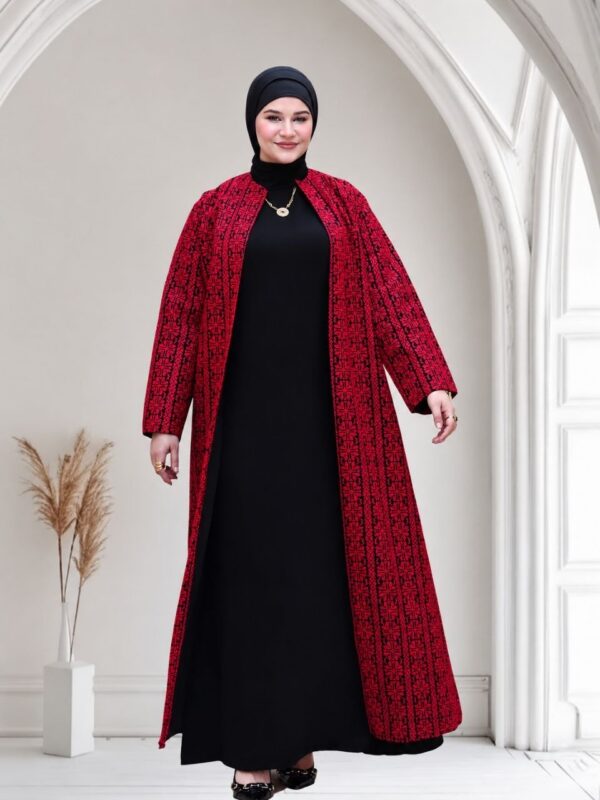 Abaya Aberta Palestina em Jacquard Vermelho — Estilo Tatreez