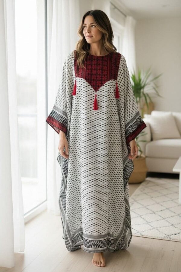 Kaftan / Jalabiya Maxi em Jacquard com Bordado Tribal — Branco e Preto