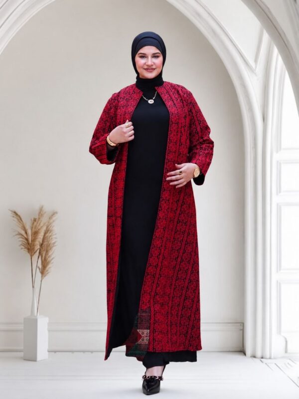 Abaya Aberta Palestina em Jacquard Vermelho — Estilo Tatreez